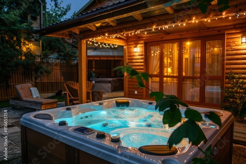 Hydromassage pool in private cottage. Illuminated hot tub pool with hydromassage  hydrotherapy