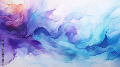 The image is a watercolor painting of a wave. It is blue and purple  with a white background. The wave is crashing on the shore.