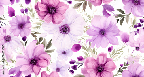 Seamless pattern of white, pink, and purple flowers