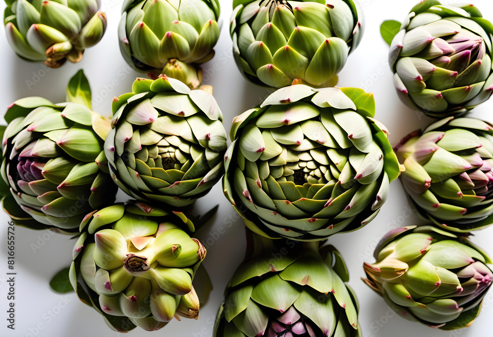 Fototapeta premium Fresh artichokes arranged on a white background