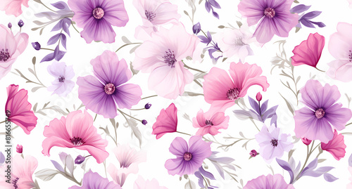 Seamless pattern of white  pink  and purple flowers