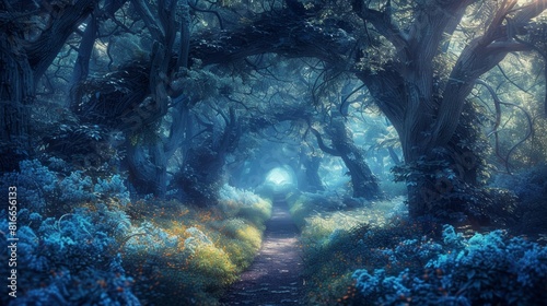 The photo shows a beautiful landscape of a forest with blue flowers and a path leading into the distance.