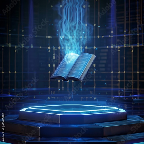 A glowing book hovers above a futuristic pedestal,Guang Mang Si She De Shu Piao Fu Zai Yi Ge Wei Lai Zhu Yi De Di Zuo Shang . photo
