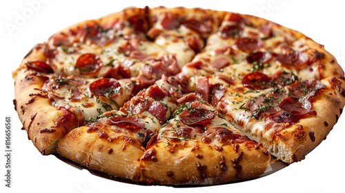 A pizza with a single slice being held up isolated on transparent background  png file