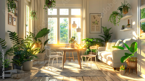 Interior of light dining room with table sofa and houseplant