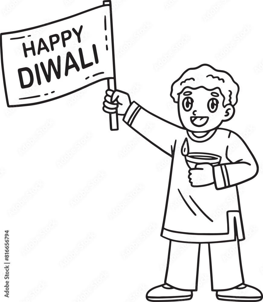 Diwali Child with a Happy Banner Isolated Coloring Diwali Child with a Happy Banner Isolated Coloring