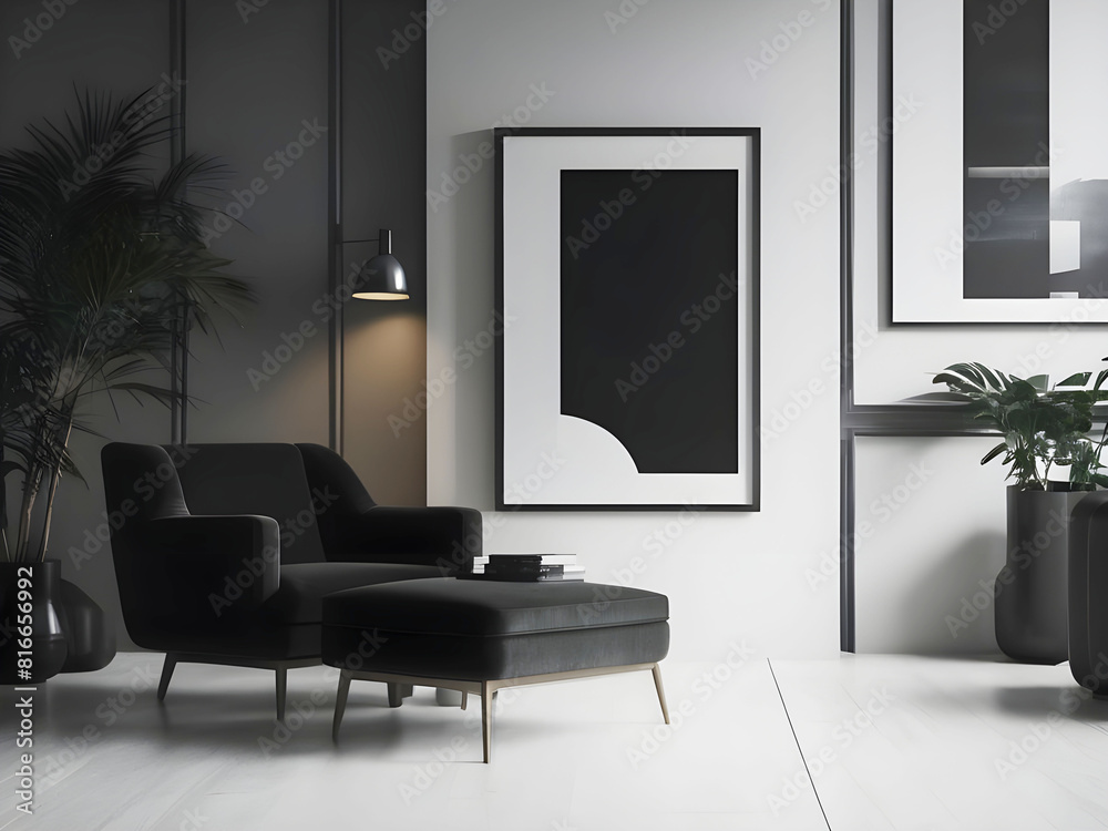 Fototapeta premium Frame mockup, ISO A paper size. Living room wall poster mockup. Interior mockup with house background. Modern interior design. 3D render