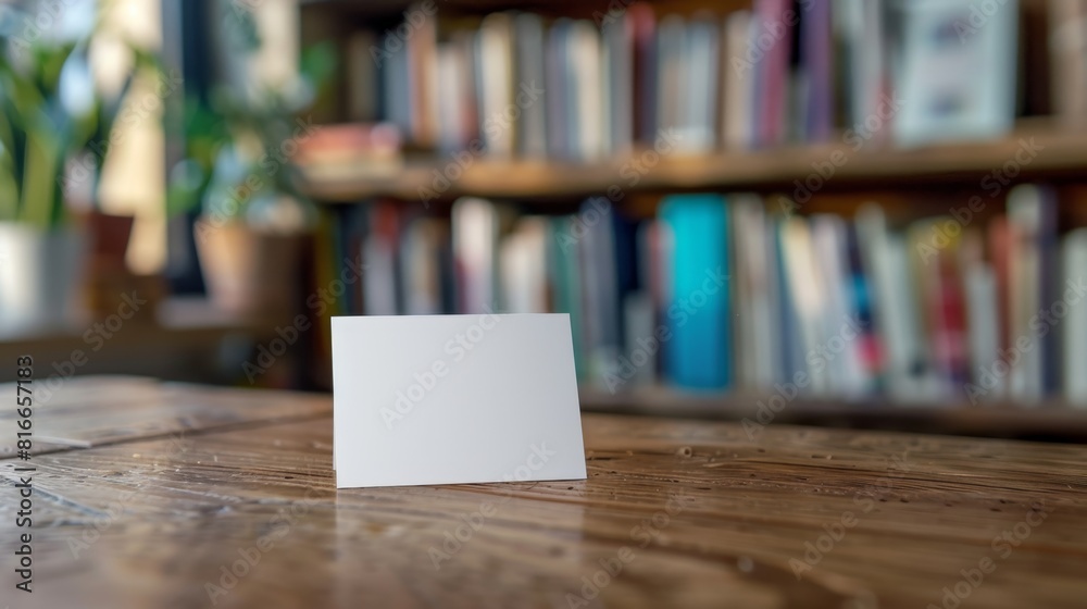 A blank business card on a table in front of bookshelves, in a closeup shot A blank business card on a table in front of bookshelves, in a closeup shot