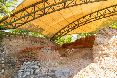 Reconstructed mudbrick walls of Troy ancient city in Canakkale Turkiye photo
