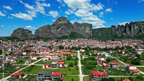 Aerial View Of Kalabaka Town With Massif In The Background In Meteora, Trikala, Thessaly in Greece. photo