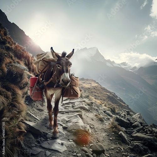 A donkey is walking on a mountain path. The donkey is loaded with luggage.