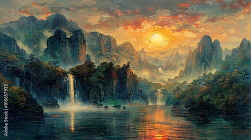 Ink style artistic conception landscape painting, Chinese style freehand artistic conception landscape painting background photo
