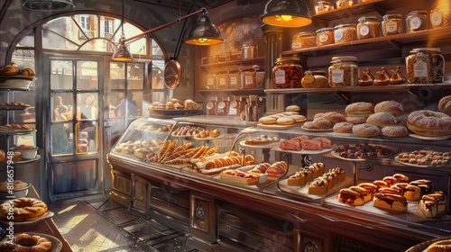 Cozy bakery shop filled with artisan breads, pastries, and vintage decor.
