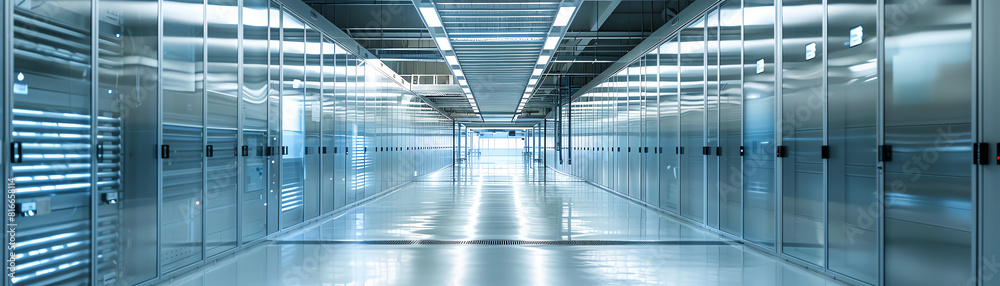 A long, empty hallway with shiny tiled floors and glass walls on both sides.