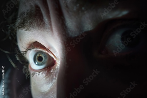 Close up shot of a man's eyes looking scared in the dark
