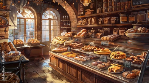 Cozy bakery shop filled with artisan breads, pastries, and vintage decor.