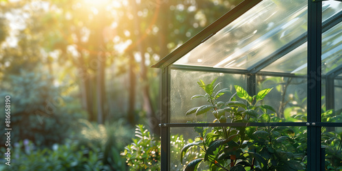 Details of glass and steel greenhouse in a backyard with plants visible through glass. Farming organic garden with various vegetables  herbs and flowers.