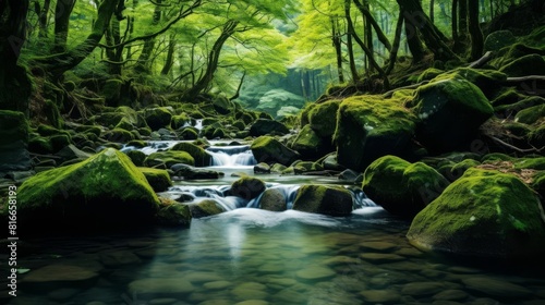 a beautiful forest stream with green moss-covered rocks and trees. The water is clear and inviting. The forest is dense and lush.