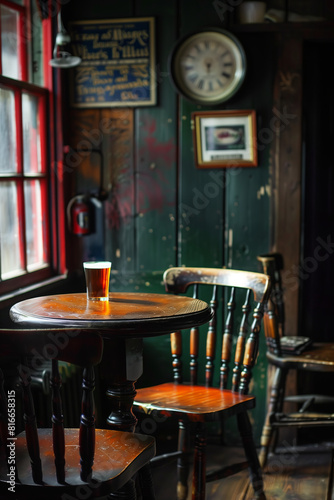 Warm and cozy atmosphere of traditional Irish pub. Warm yellow lights in empty interior of rural bar in Ireland. photo