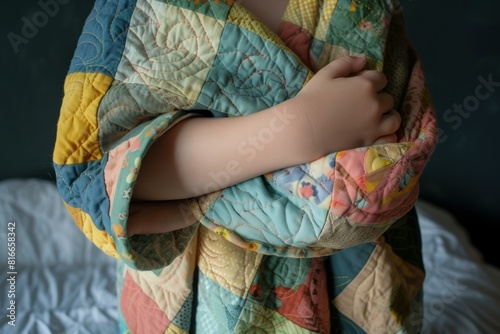 Closeup image of a person snugly wrapped in a vibrant patchwork quilt