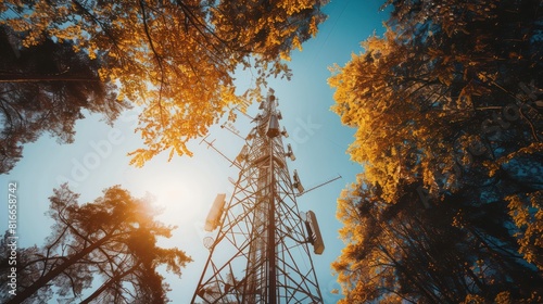 Photograph of a telecommunications base station signal tower with TV and wireless internet antenna.