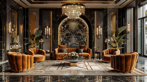 An opulent, art deco inspired living room with marble floors, velvet furniture, and crystal chandeliers