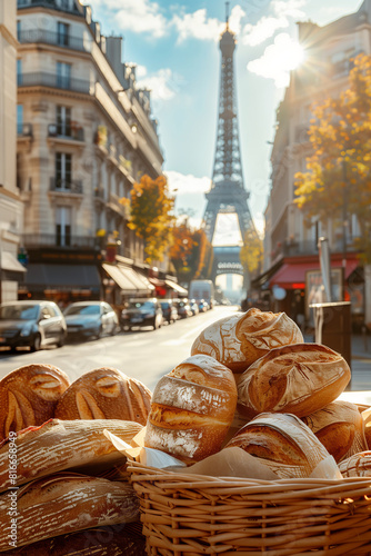 Freshly baked gourmet breads for sale in French bakery. Baguettes on early sunny morning in Paris, France.