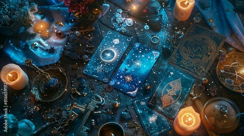 Composition with Tarot cards surrounded by items corresponding to their symbolism, such as stars, the moon, keys, and others. 