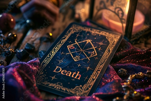 Death Tarot card with symbols of change and transformation. Dark fabrics and precious stones that create a dramatic and atmospheric scene. photo