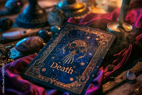 Death Tarot card with symbols of change and transformation. Dark fabrics and precious stones that create a dramatic and atmospheric scene.