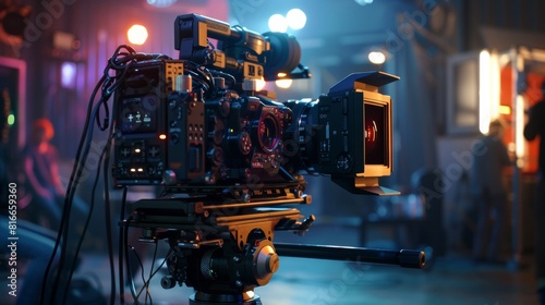  A classic cinema camera positioned in a vintage workshop setting, highlighting its detailed construction.