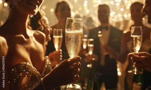  a group of elegantly dressed people celebrating with champagne in a luxurious setting. The atmosphere is festive and glamorous, with sparkling lights and a sophisticated ambiance.