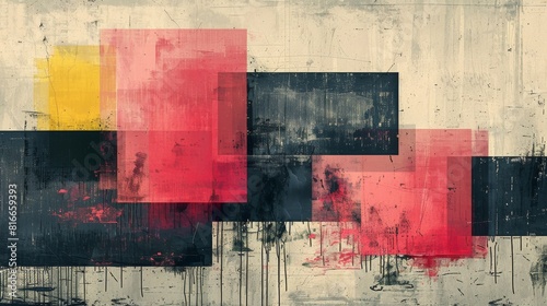 A painting of three squares of different colors, with one of them being red