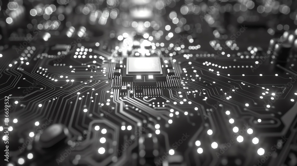 Obraz premium IT system security front view close up of a secure network hub on a circuit board to showcase cybersecurity measures digital tone black and white