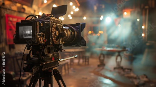  A classic cinema camera positioned in a vintage workshop setting, highlighting its detailed construction.