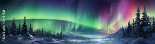 a beautiful winter landscape with a colorful aurora borealis in the night sky.