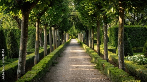 Harmony in Nature Symmetrical Garden Path Amid Manicured Hedges and Trees 