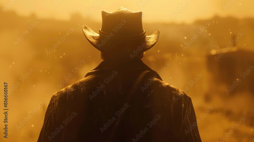 A lone cowboy on horseback rides through a vast, open field under a cloudy sky. A lone cowboy on horseback rides through a vast, open field under a cloudy sky.