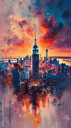 A painting of a city with a tall building in the center