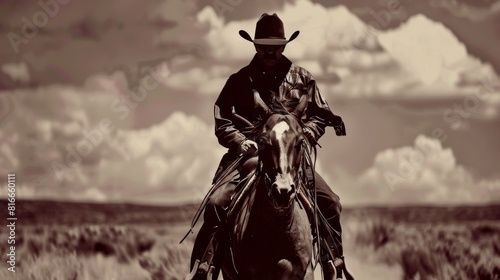 A lone cowboy on horseback rides through a vast, open field under a cloudy sky. © ikram