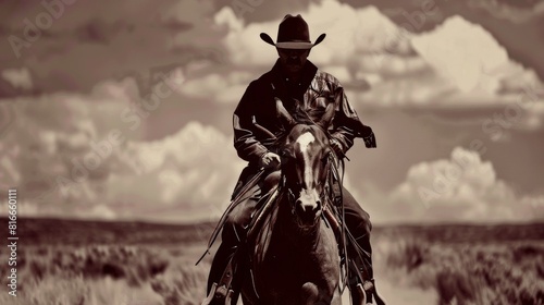 A lone cowboy on horseback rides through a vast, open field under a cloudy sky.