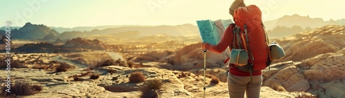 Backpacker pausing to consult a map, with a vast desert expanse ahead, backpack brimming with supplies, vivid style photo