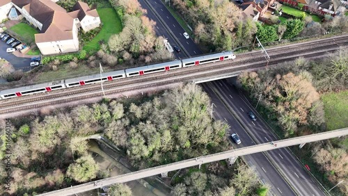 Train crossing bridge Wickford Essex UK town centre drone,aerial photo