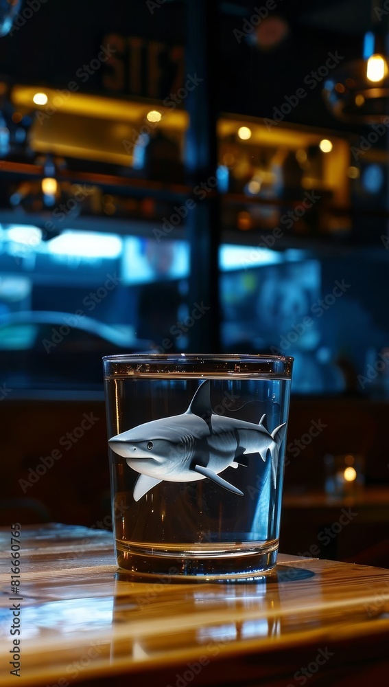 Optical illusion of a shark appearing to swim in a glass of water on a restaurant table, cyberpunk style Optical illusion of a shark appearing to swim in a glass of water on a restaurant table, cyberpunk style