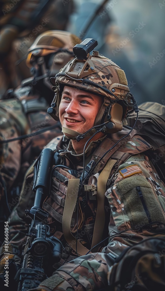 Fototapeta premium Soldier in uniform smiling warmly during a video call home, surrounded by military equipment, vivid style