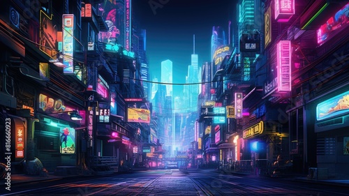The picture of the neon night time futuristic cyberpunk scifi metropolis yet bright with neon light that fill everywhere of metropolis and fill with tall building and long roadway at night. AIGX01. photo