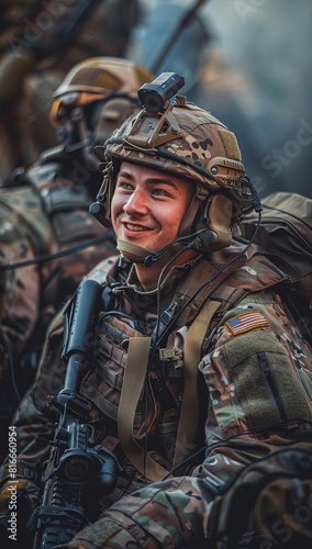 Soldier in uniform smiling warmly during a video call home, surrounded by military equipment, vivid style