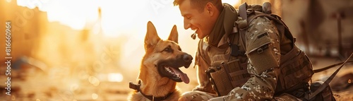 Soldier smiling as he trains a service dog, both in a sunlit military compound, vivid style