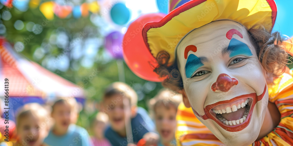 Cheerful funny clown animating kids at outdoor birthday party.
