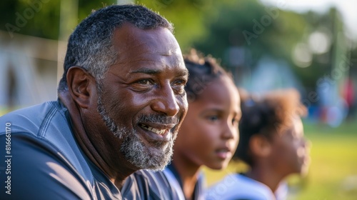 A man with a beard and gray hair is smiling at a group of children